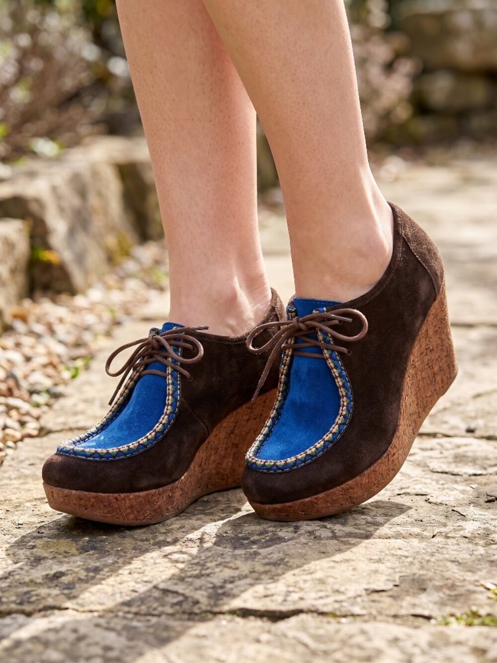 anthropologie 80%20 brown suede blue tie wedge crepe sole booties 6.5